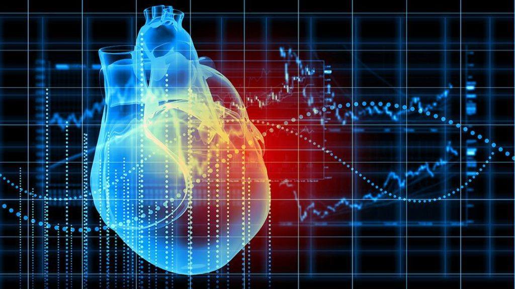 صورة رسومية ثلاثية الأبعاد مستقبلية لمخطط كهربية القلب، ربما تمثل الذكاء الاصطناعي (AI)