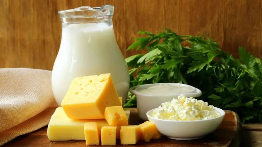 alimentos de cálcio com queijos, iogurte e uma jarra de leite em uma mesa