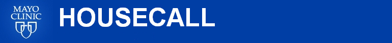 Blue and While Housecall Banner with Mayo Clinic three shields