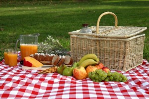 Picnic basket on red and white checked tablecloth with fruits and healthy drinks