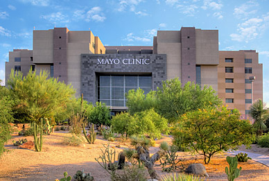 Mayo Clinic Hospital in Arizona with cactus in foreground and blue skies