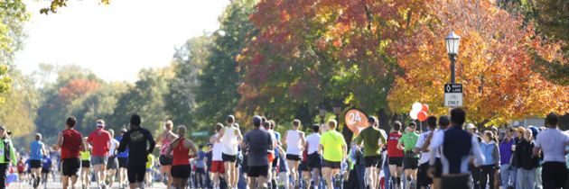 Dozens of runners in a marathon with autumn colored trees in the background
