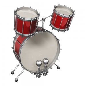 red and white drum set with three drums