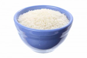 light blue ceramic bowl of cooked white rice