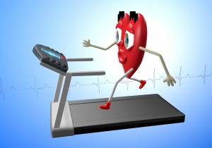Heart character exercising on treadmill, concept of heart health, cardio exercise, fitness