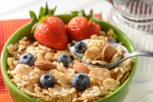 High Fiber Bowl of Cereal with Strawberries, Blueberries and Almonds