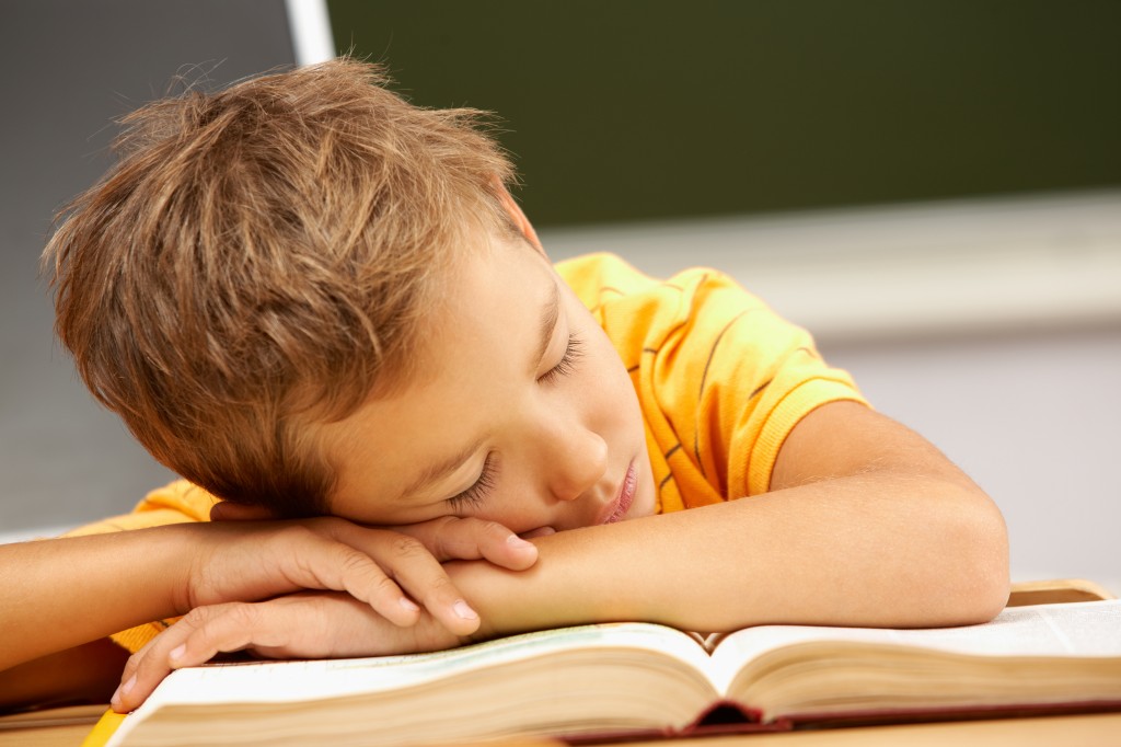 young boy sleeping on his school books