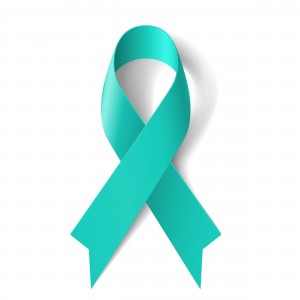 teal blue ribbon representing ovarian cancer awareness