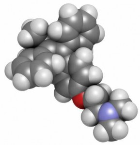 Tamoxifen breast cancer drug, chemical structure. Atoms are represented as spheres with conventional color coding: hydrogen (white), carbon (grey), oxygen (red), nitrogen (blue)