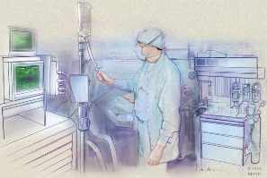 Ilustración de un anestesiólogo trabajando dentro del quirófano durante una cirugía