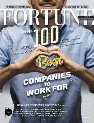 Portada de la revista Fortune con unas manos masculinas que forman un corazón y las palabras “Las mejores 100 compañías para trabajar”