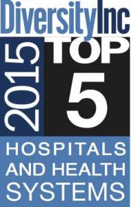 Blue, Black and White Logo that says: DiversityInc 2015 Top 5 Hospitals and Health Systems