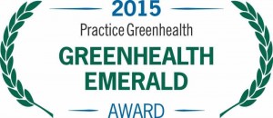 Logo with two leaves and it says 2015 Practice Greenhealth Emerald Award