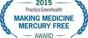 Logo with plant leaves that says: 2015 Practice Greenhealth Making Medicine Mercury Free Award