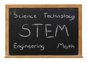 STEM science technology engineering math written in white chalk on a black chalkboard isolated on white