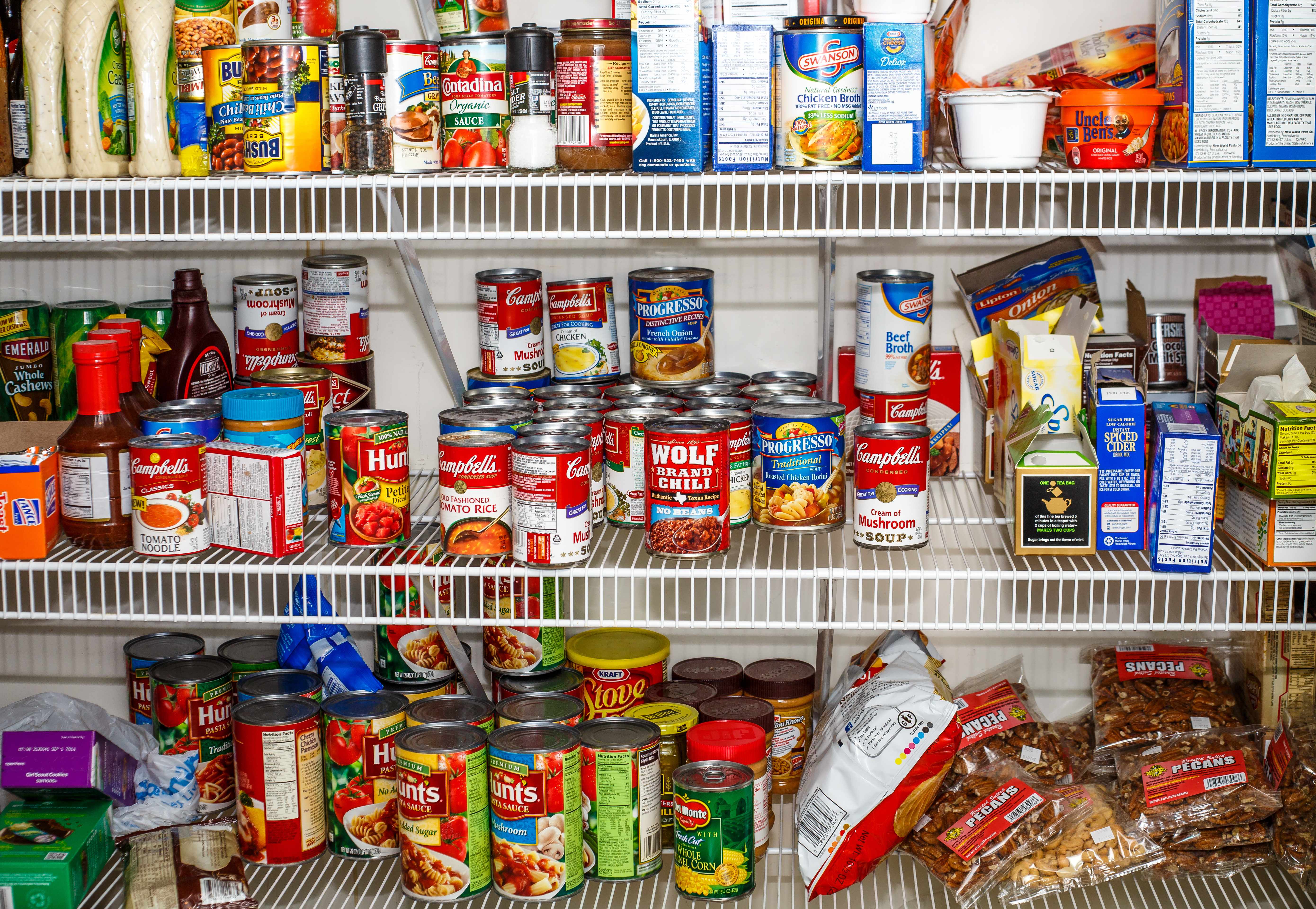 food pantry filled with cans and bags of food