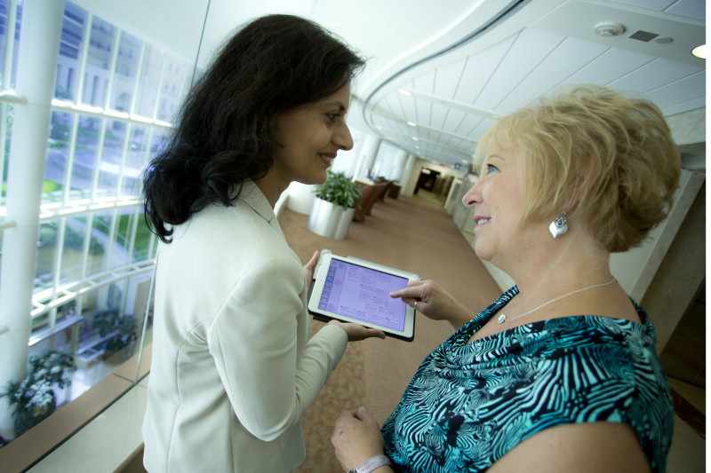 Dr. Pruthi with breast cancer iPad tool and patient