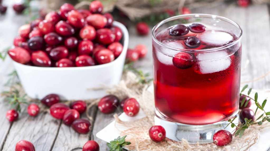 glass of cranberry juice and a bowl of cranberries