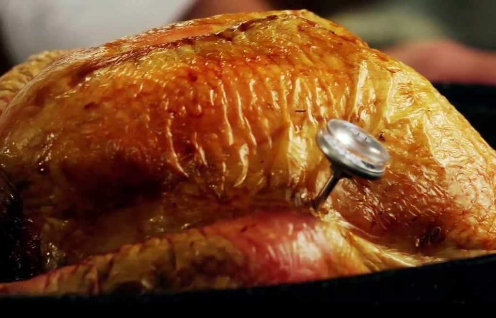 turkey in a roasting pot with a thermometer