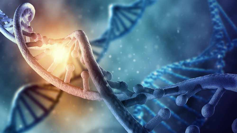 Concepto de la bioquímica con una molécula de ADN sobre un trasfondo azul
