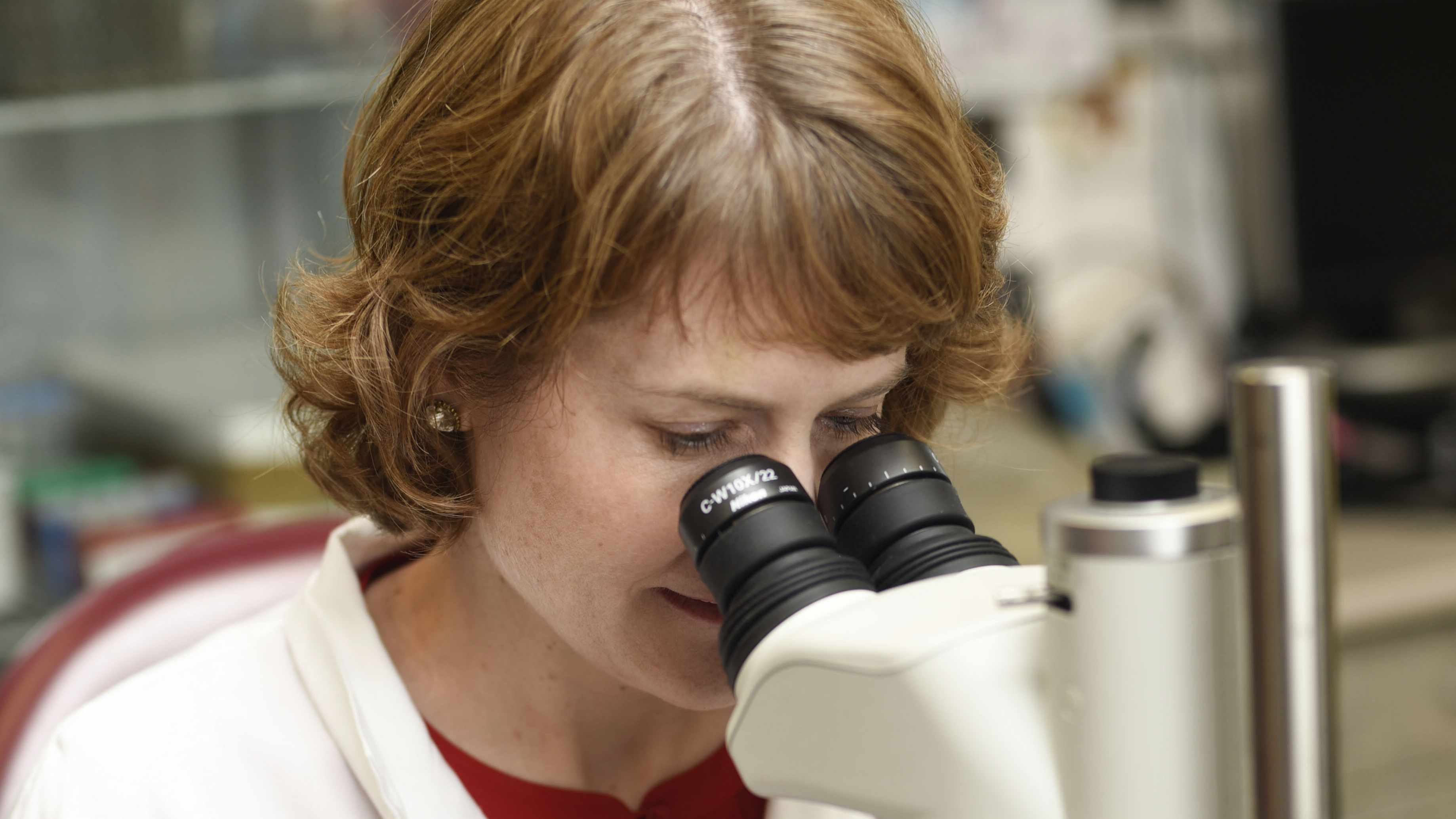 Dr. Bobbi Pritt in a lab, looking through a microscope