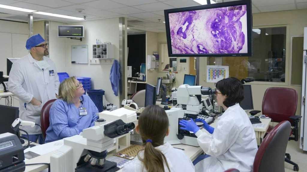 Los investigadores observan el análisis por corte congelado en un laboratorio de patología