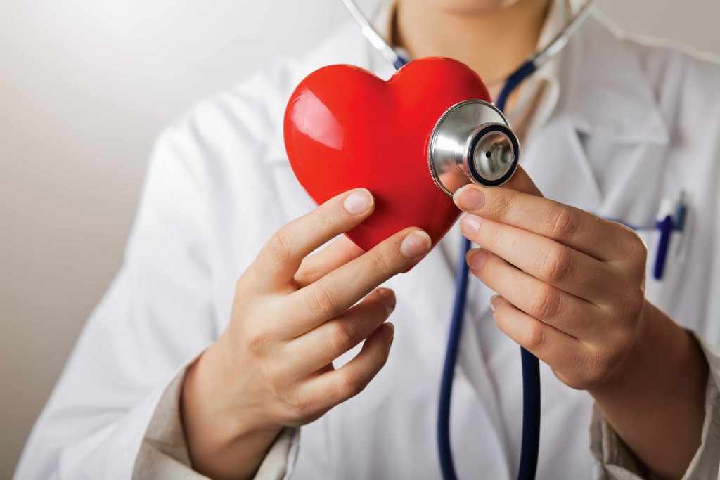 a health care provider in a white lab coat and stethoscope holding a red plastic heart