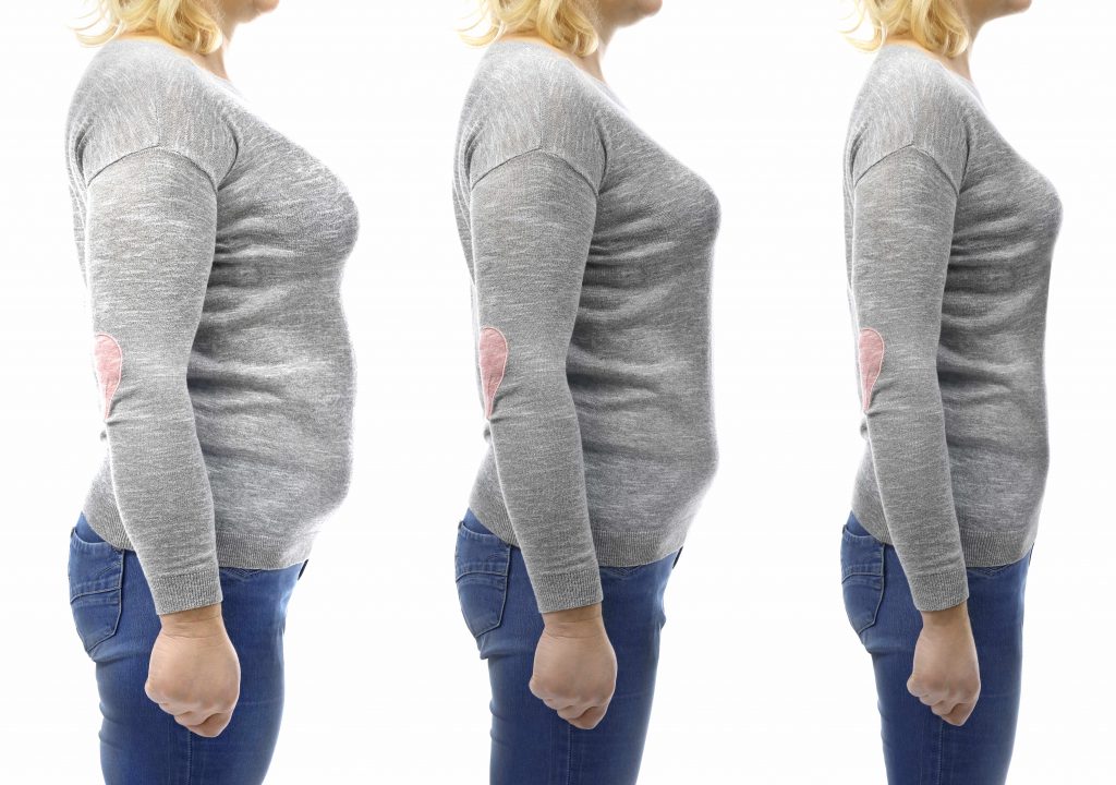 three side views of a woman in the process of losing weight, especially around the belly