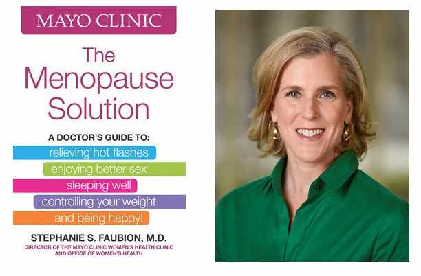 a profile picture of Dr. Stephanie Faubion along side the book cover of The Menopause Solution