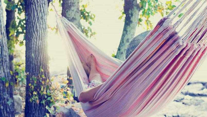 a person sleeping or napping in a hammock tied between the trees