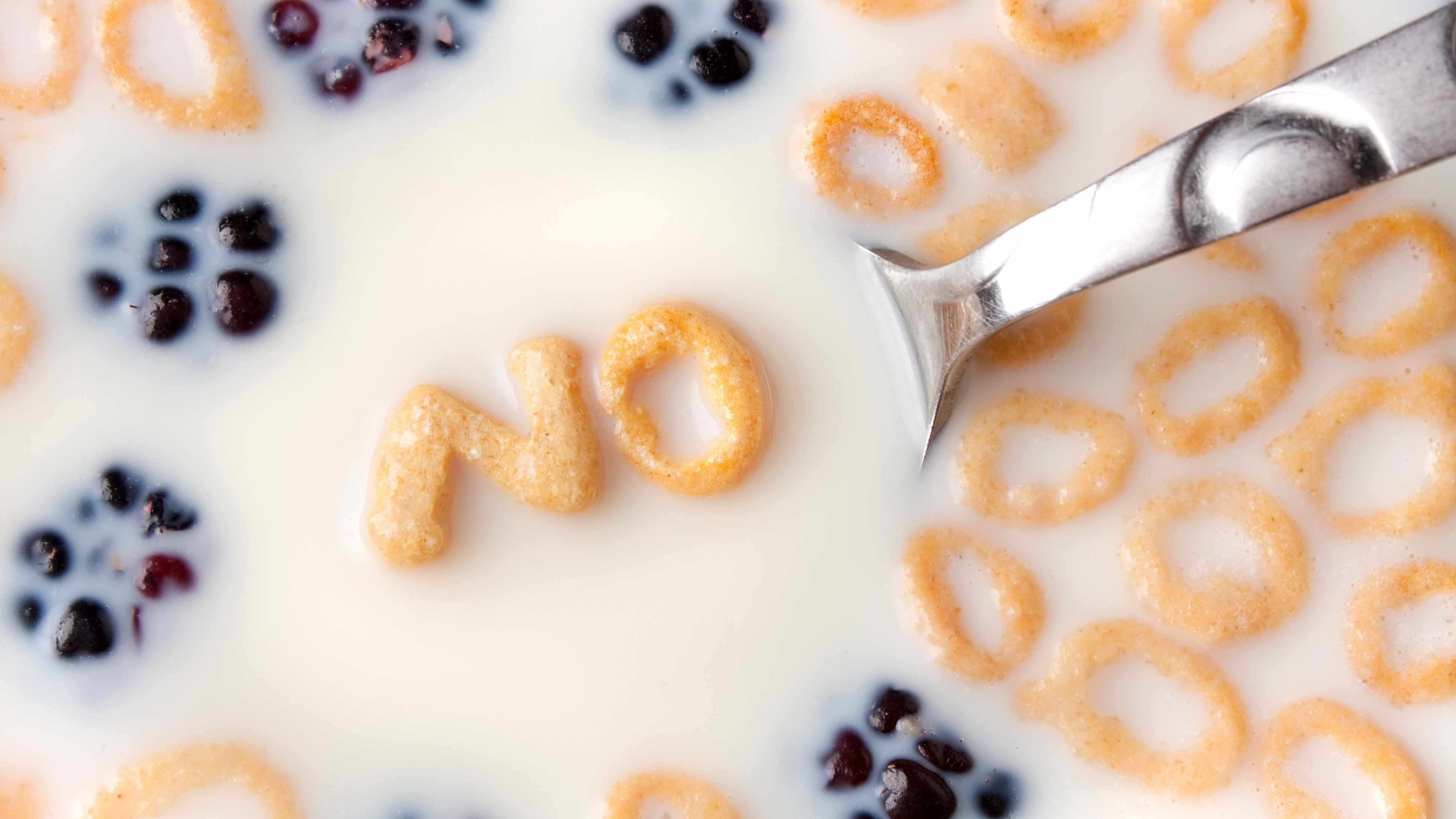 Intolerancia a la lactosa: acercamiento de un plato con cereales y arándanos que flotan en la leche, y las letras del cereal deletrean la palabra NO en una cuchara 
