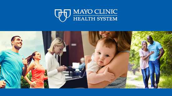 Mayo Clinic Health System graphic with patient pictures and logo