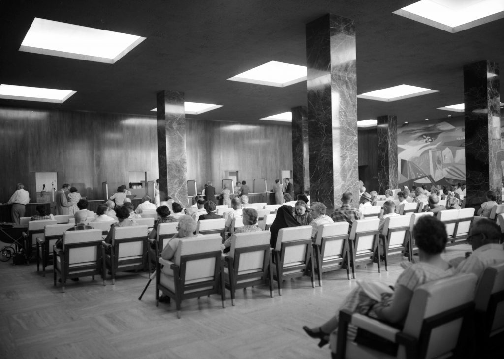 a 1959 Mayo Clinic waiting room full of patients