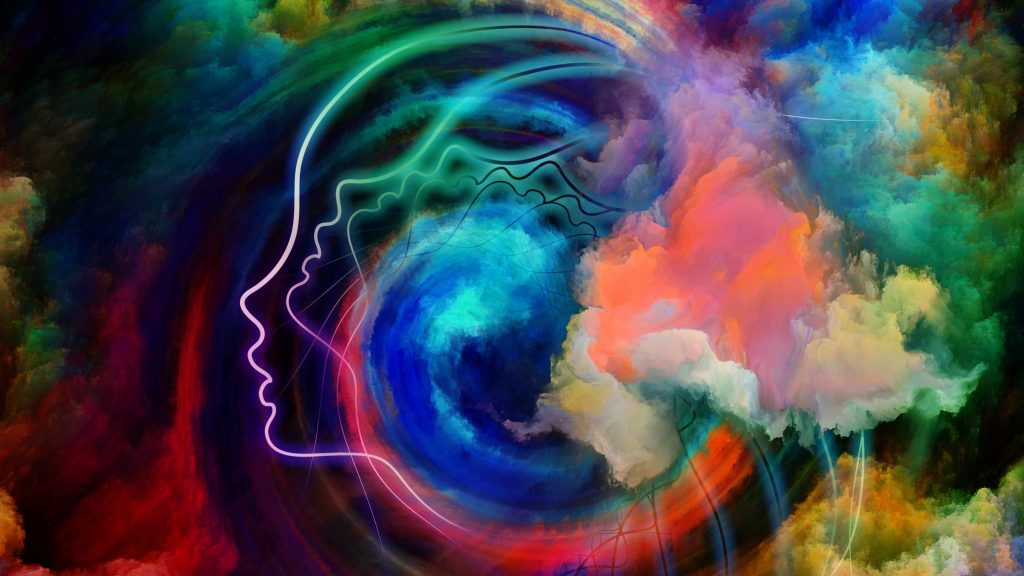 Dibujo de la cabeza de una persona con colores que representan la realidad interior, la salud mental, el pensamiento y los sueños