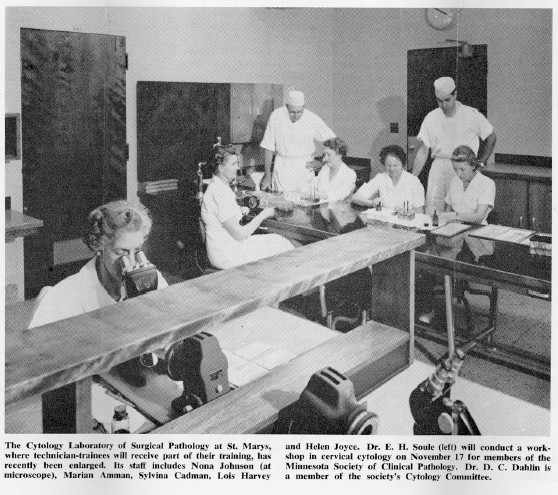 a 1957 photo of the Cytology Laboratory of Surgical Pathology at St. Marys