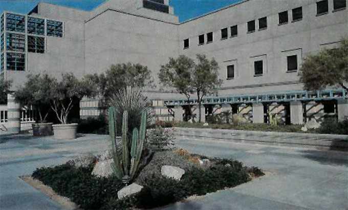 a 1991 photo of the desert plants and water conservation that shape the regional tone of the grounds of the Mayo Clinic campus in Scottsdale, Arizona