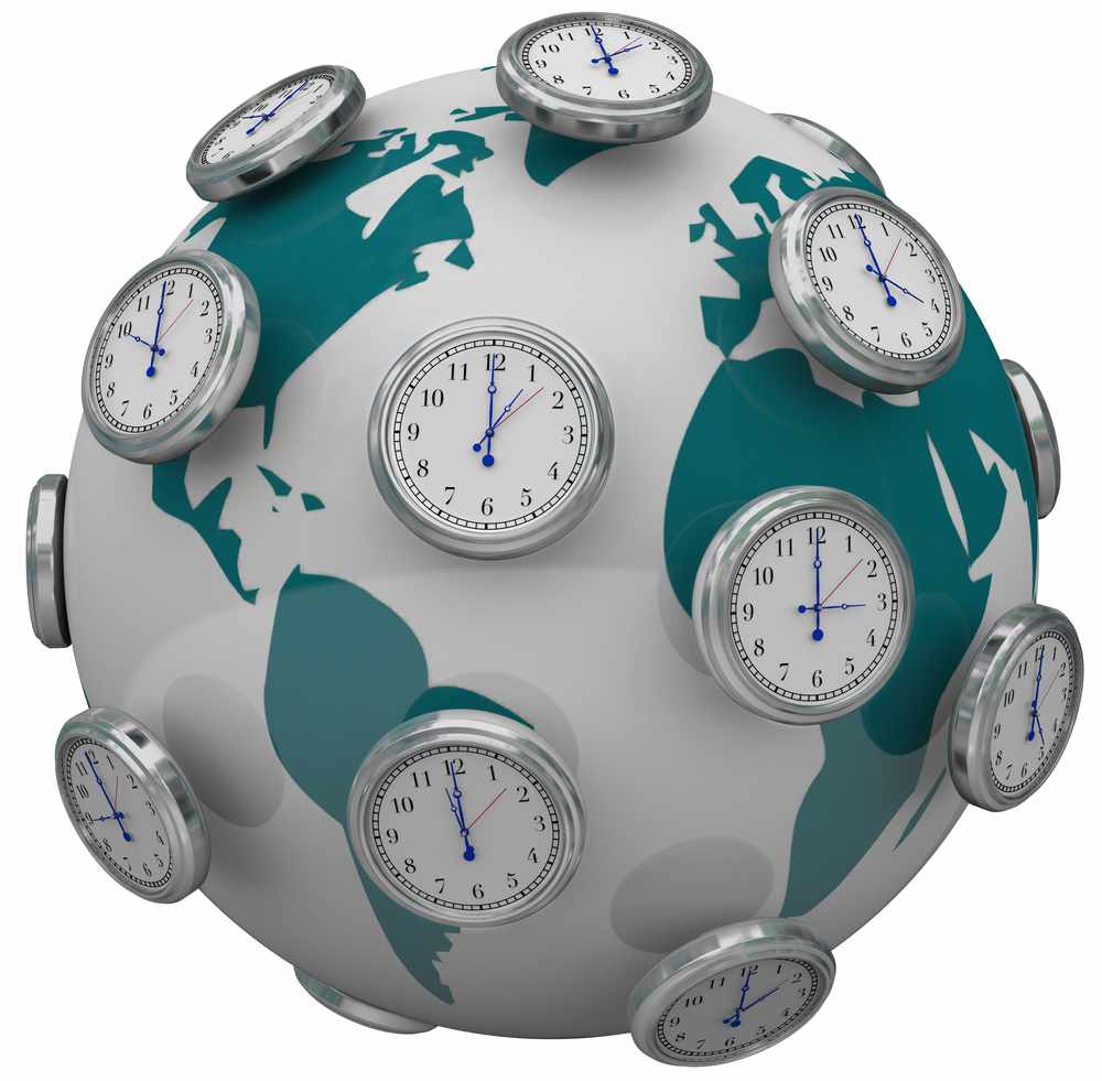 a graphic of a globe with several clocks set to different times, illustrating time zones, jet lag