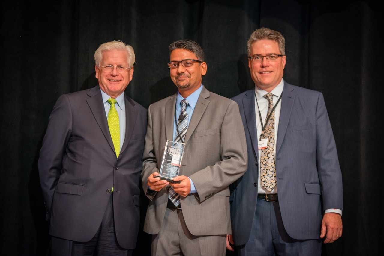 2016 Think Big winner Shantanu Nigam with Dr. Doug Wood on left and Jim Rogers on right