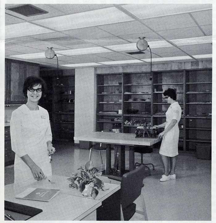 a 1967 photo staff occupational therapist Sally Kuhn and Nancy Arndt, OT aide