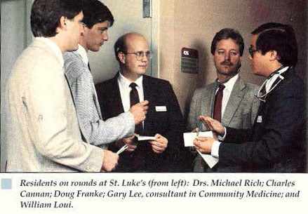 Flashback Friday - a 1990 photo of residents on rounds at St. Luke’s - Drs. Michael Rich; Charles Cannan; Doug Franke; Gary Lee, consultant in Community Medicine; and William Loui