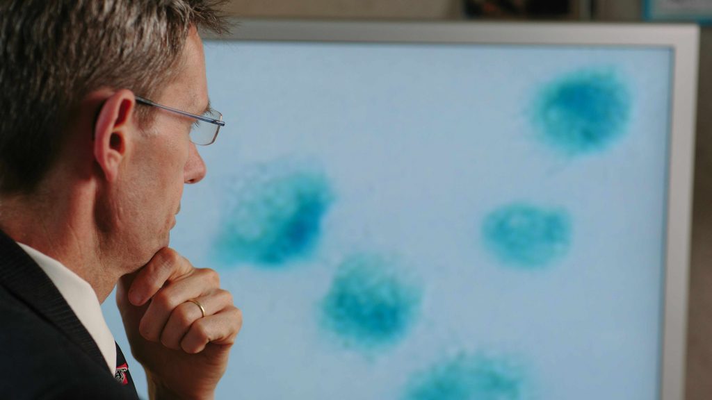 El Dr. Jan van Deursen mira unas células en la pantalla del computador