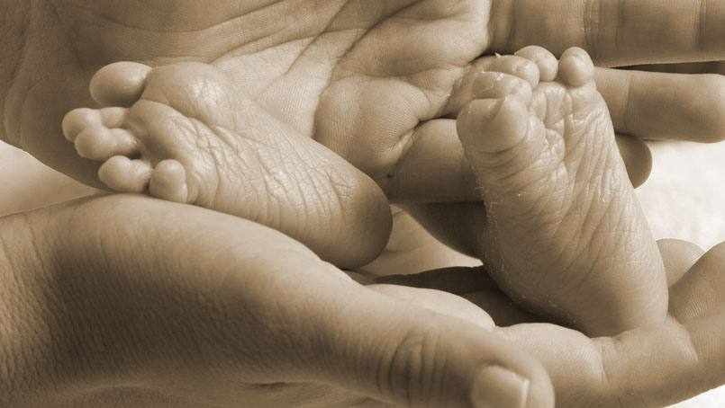 closeup black and white photo of adult hand holding baby feet