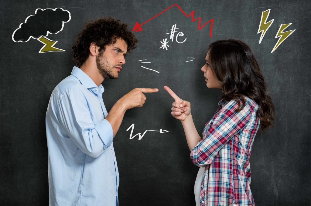 a man and a woman arguing, with symbols on the background behind them illustrating stress, angry feelings, discord
