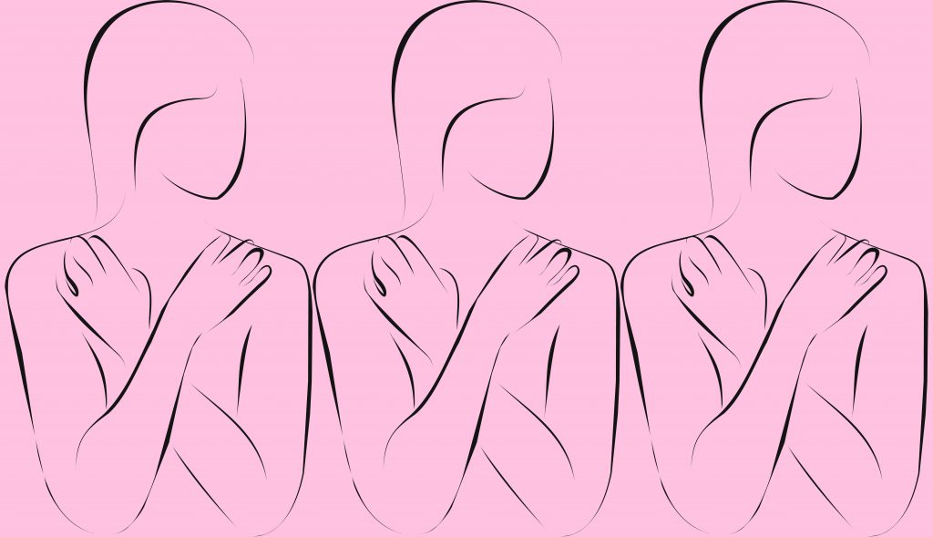 a graphic of three women side by side with arms crossed across their breasts, in black outlines on a pink background