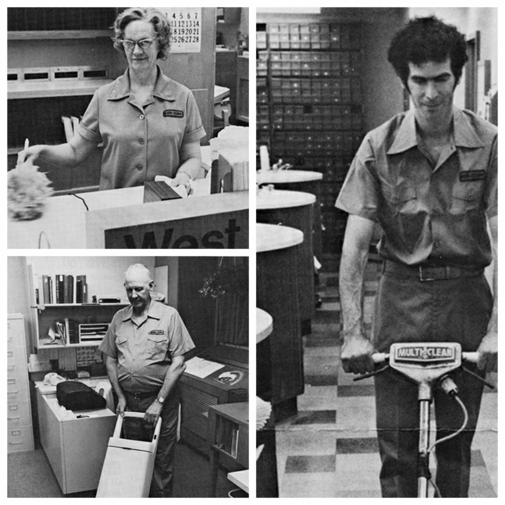 1981 photos of custodians Betty Shaw, Harold Walker and Mike Hlohinec at work