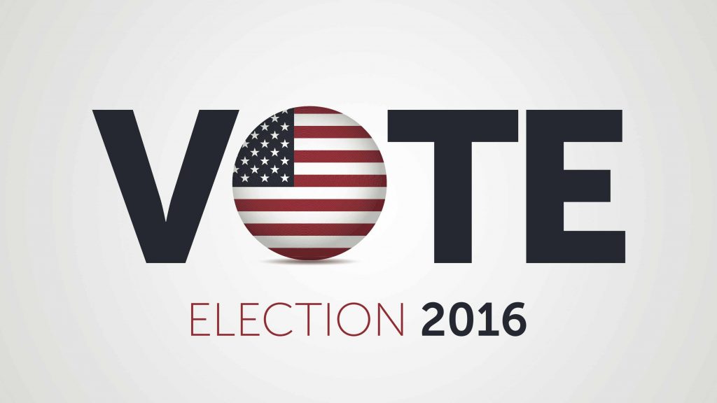 Graphic with the word Vote with the American Flag as the "O" and the words election 2016