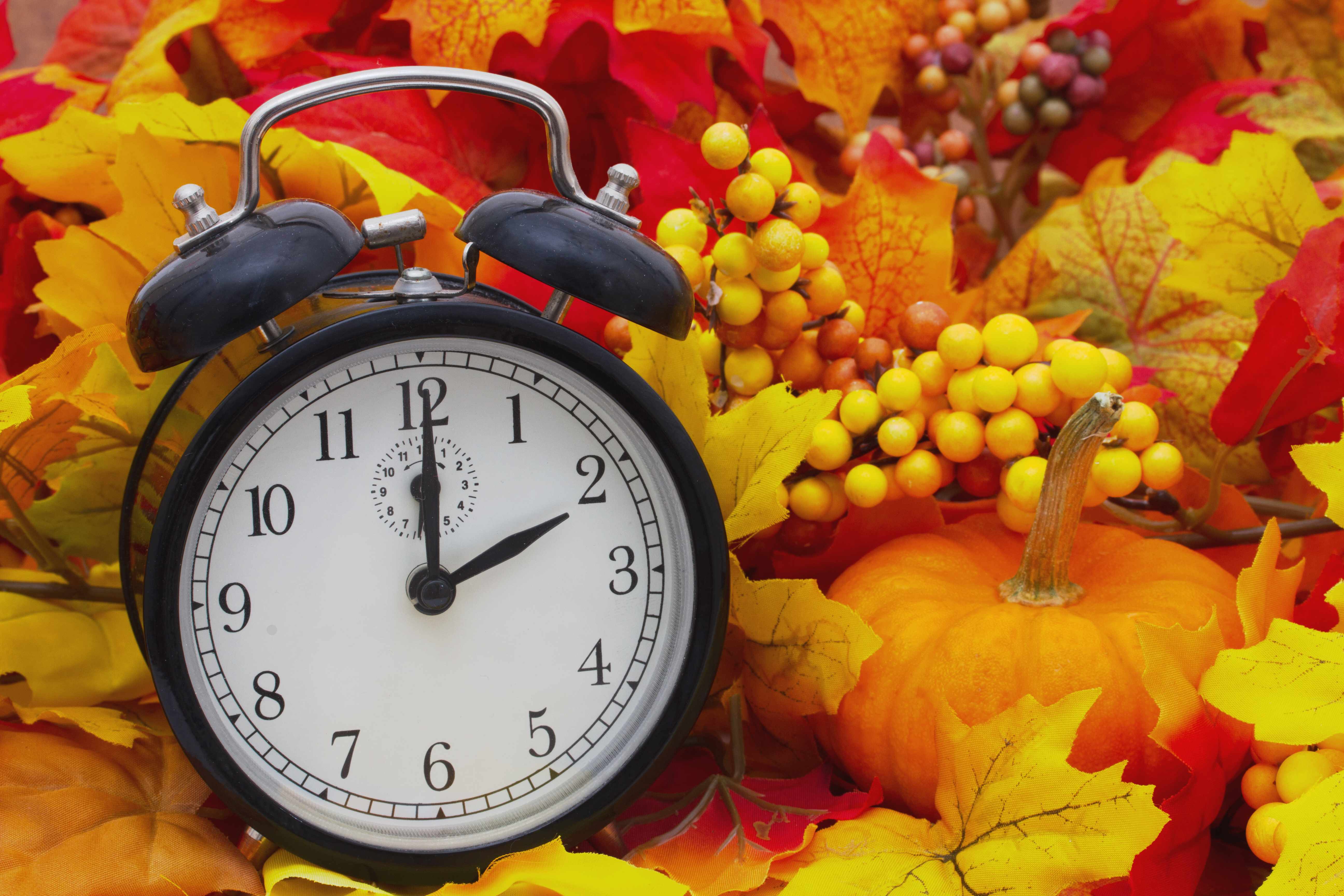Autumn time change with an alarm clock and Autumn leaves with a pumpkin
