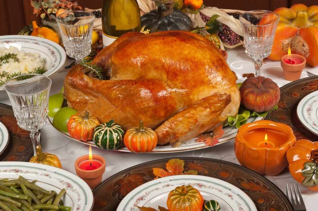 turkey dinner table set for Thanksgiving meal