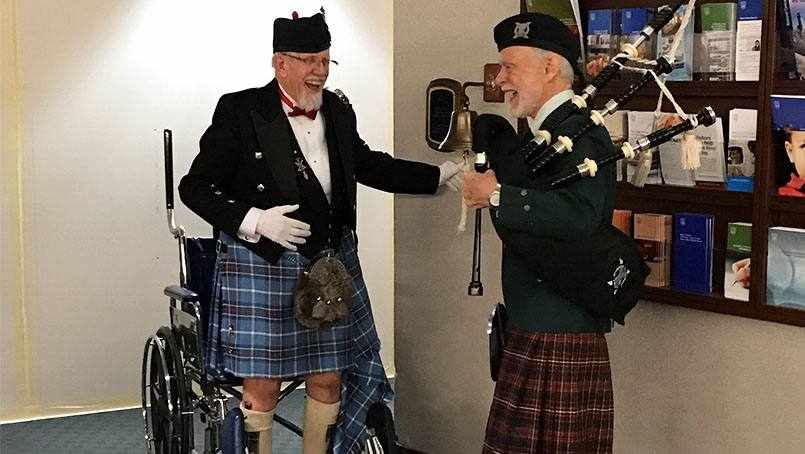 cancer patient Leonard in his kilt after cancer treatment