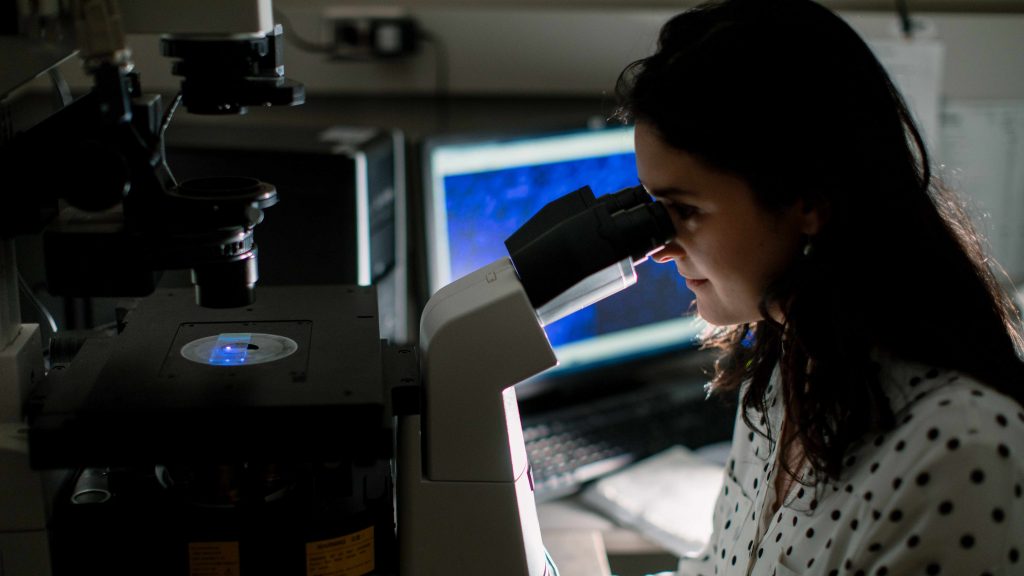 Una investigadora mira una laminilla en el microscopio